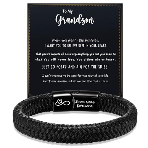 Btysun Grandson Gifts from Grandma Graduation Gifts for Men Him To My Grandson Bracelet Christmas Gift Black Infinity Braided Leather Bracelets for Men Birthday Fathers Day Jewelry