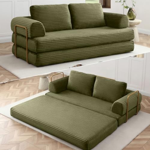Image of HANXIN 80 Inch Convertible Sleeper Sofa Bed, High Back Plush Corduroy Folding Floor Mattress Couch with Fixed-Shape Frame, Boneless Futon Loveseat with Pull Out Bed, No Assembly Required (Green)