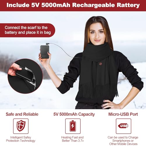 Qdreclod Electric Heated Scarf for Women Men Rechargeable Winter Scarf with 5000mAh Battery Scarves Shawl for Women