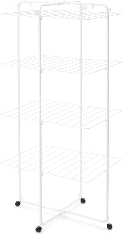 Brabantia HangOn Tower Clothes Drying Rack with Wheels | 98ft (30m) | White | Tall 3-Tier Indoor Clothes Airer with Adjustable Shelves for Towels, Folds Flat to Save Space | Fits 3 Full Loads