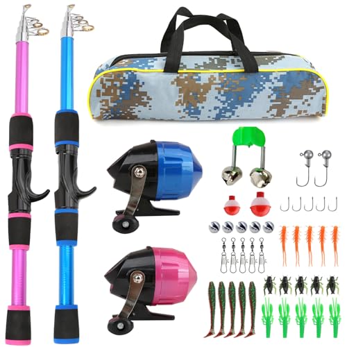 KecchKrezing Kids Telescopic Fishing Pole Set – 2 Rods 2 Reels with Gear Bag & Accessories, Fishing Starter Kit for Boys & Girls, Travel Gift Combo