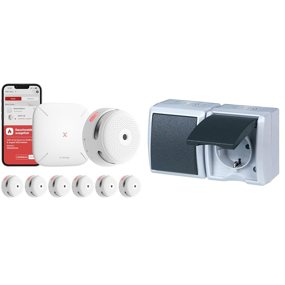 X-Sense XS01-M ProConnected Rauchmelder mit SBS50 Basisstation & REV 0510231777 AquaForm, Steckdose - A/W Schalterkombi, IP44, zweipolig, Aufputz, waagrecht, grau
