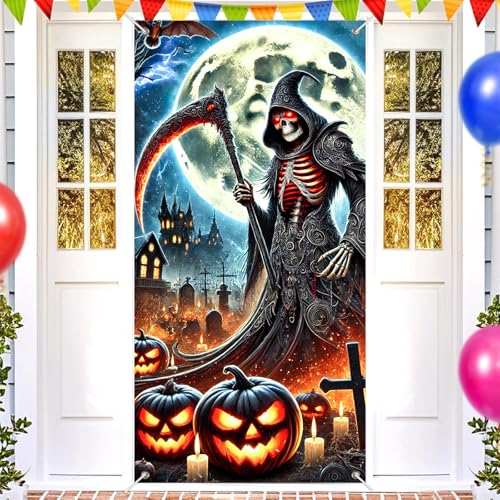Image of BlissYard Halloween Door Cover Bats Grim Reaper 35x71 Inch Polyester | Door Banner, Wall Decor | Grim Reaper Entry Accent, Jack Lantern Backdrop | Porch, Hallway, Party (Gothic Art)