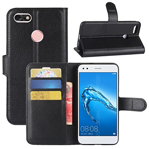 HualuBro Funda Huawei Y6 Pro 2017, Carcasa de Protectora Cuero PU Billetera Cartera Plegable Funda [Ranuras de Tarjeta] Flip Case Cover para Huawei Y6 Pro 2017 / Huawei P9 Lite Mini (Negro)
