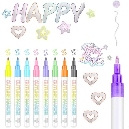 8 Farben Glitzer Filzstifte,Glitzerstifte Magische Stifte,Metallic Outline Stift zum Bemalen von Steinen, Felsmalerei, Keramik, Glas, Holz,Scrapbooking,2.0mm Outline Marker Ostergeschenke Geschenke