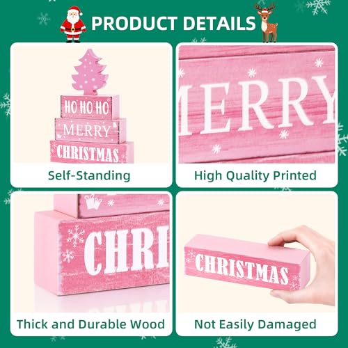 Image of 4 Pcs Christmas Wooden Tiered Tray Decor, Pink Merry Christmas Tree Decorations Gifts for Home, Winter Table Centerpiece for Xmas Party Kitchen Office