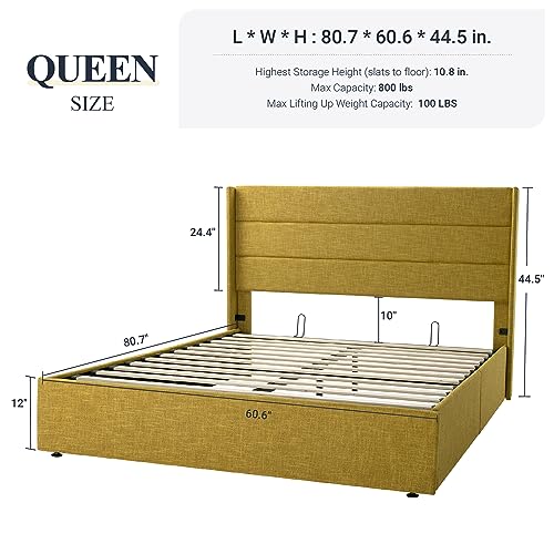 image for Allewie Queen Size Lift Up Storage Bed, Modern Wingback Headboard, Hyd