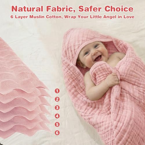 Image of Hooded Baby Bath Towels for Newborn, 2 Pack - 6-Layer 100% Muslin Cotton, Soft Absorbent Baby Towels with Hood for Babies, Infants & Toddlers, Large 32x32 Inch Unisex Newborn Baby Bath Essentials
