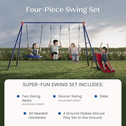 Image of Delta Children FunZone Outdoor Metal 4-Piece Swing Set - Includes 2 Swings, 1 Disc /Saucer Swing and Slide, Blue /Red