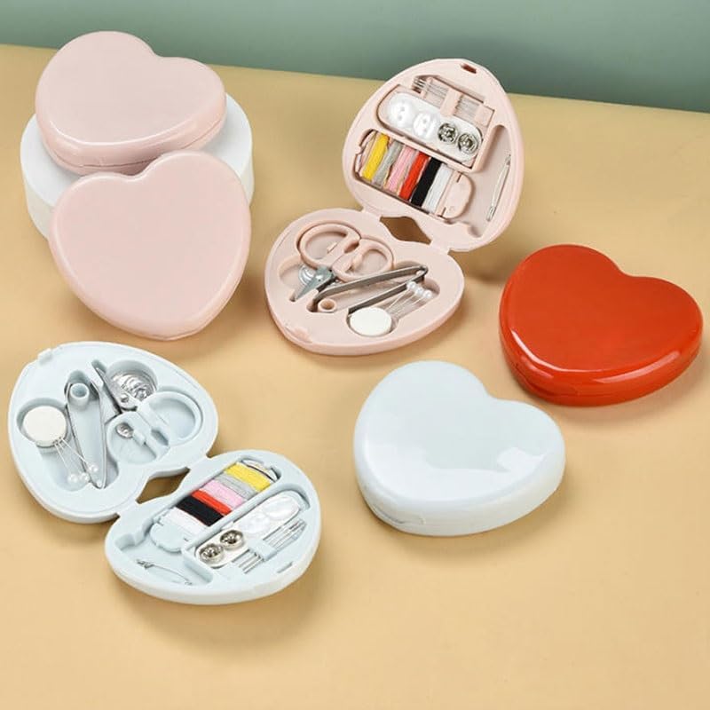 LWECMGSA PP Multi-Functional Heart-Shaped Mini Compact Patch Needle Thread Storage Box Set