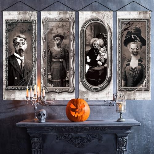 Image of Panelee 4 Pcs Halloween Gothic Banner 3D Changing Face Moving Portrait Banner Decorations Halloween Horror Scary Porch Sign Backdrop for Indoor Outdoor Haunted Wall Hanging Decor