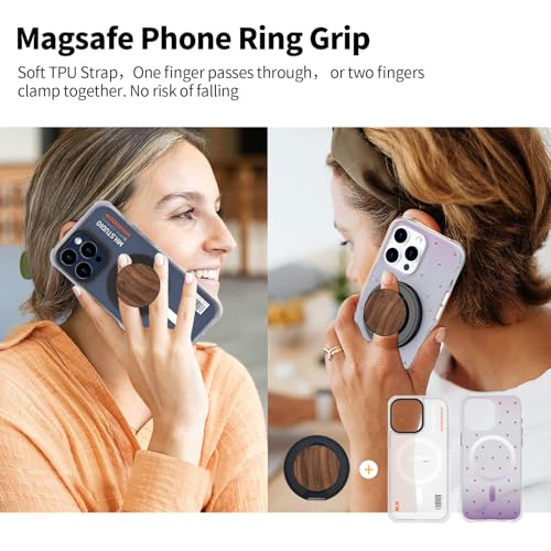 Magnetic Phone Ring Grip,Ultra Thin Phone Kickstand with Finger Loop Strap, Lightweight Phone Ring Holder for Mag Safe iPhone 16/15/14/13/12 Series (Walnut Wood)
