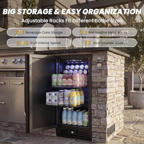 Image of 15 Inch Wide Under Counter Beverage Refrigerator, 128 Cans Large Capacity Drink Cooler, Freestanding & Built-in Beer Wine Soda Fridge with LED Light, for Home Kitchen Bar Office Outdoor Patio Black