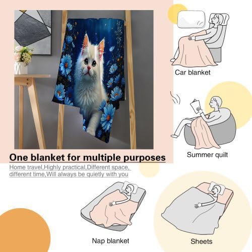 Manta Polar 220 x 240 Flores Azules y Gato, Mantas para Cama 105 de Franela Cálida y Cómoda para Niños y Adultos, Mantitas para Sofá Reversible para Cubre Sofa Colchas, Fácil de cuidar