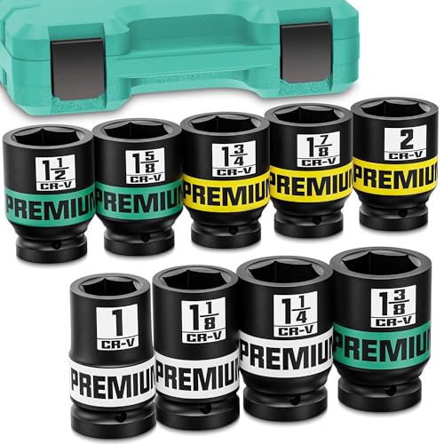 Image of 1 inch Drive Jumbo Impact Socket Set, SAE Axle Nut Sockets, 9-Piece (1-2 in.) Drive Deep Impact Socket Set, 6-Point, Cr-V Steel, Universal Hex Deep Socket Set with heavy Duty Storage Case