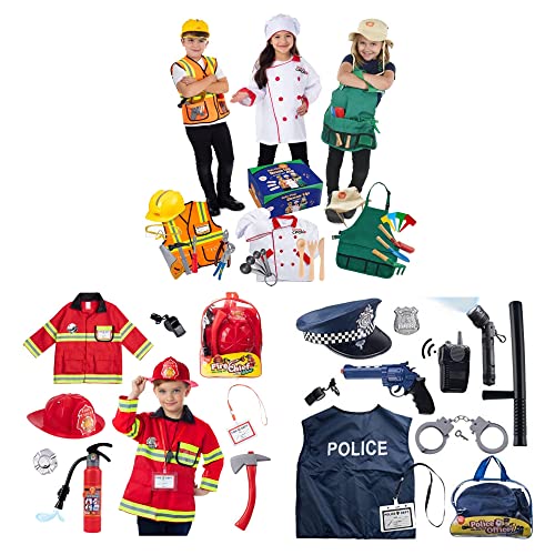Born Toys Police Costume, Fireman Costume, and Bundle set of Construction Worker, Gardening, and Chef Set for Boys and Girls Dress Up & Pretend Play Ages 3-7