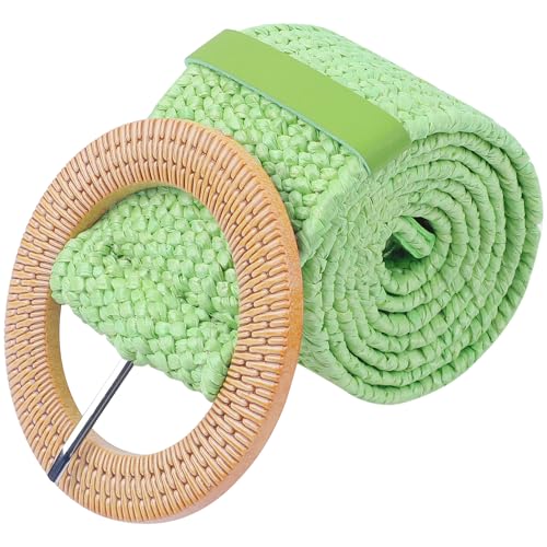 Women's Cotton and Linen Style Plastic Straw Braided Belt Circle Buckle for Dresses