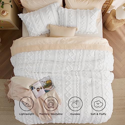 Bedsure Tufted Boho Comforter Set California King - Bright White Boho Bed Set, GentleSoft™ 3 Pieces Farmhouse Shabby Chic Embroidery Bedding, Gifts for Woman, Soft Jacquard Comforter for All Seasons