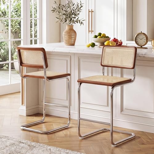 Image of Flouki Rattan Bar Stools Set of 2, Counter Height Stools with Wicker Back, 24 Inch Modern Bar Stools, Mid Century Cantilever Counter Chairs for Kitchen Island, Walnut Wooden Frame, Chrome Legs
