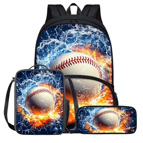 Softball Backpack for Kids 5-7 Lightweight Kids Backpack Cool Fire Teen Bookbag with Lunch Box Set 3pcs 17 Inch Teens School Bags for Kindergarden Preschool Casual Travel Daypack Rucksack