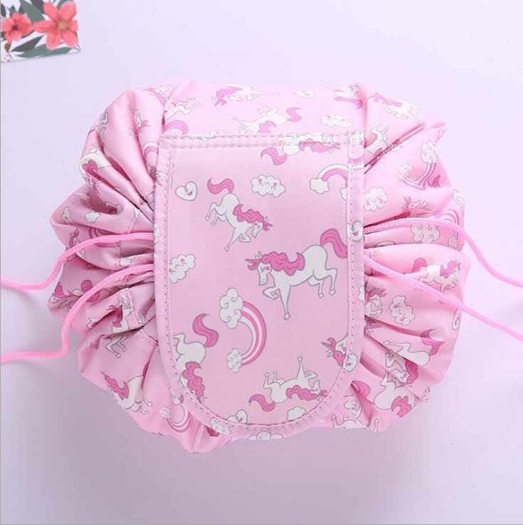 Image of Maharsh Women's Convenient and Waterproof Multifunction Portable Lazy Travel Cosmetic Storage Makeup Organizer Toiletry Bag with Drawstrings (Pink Horse)