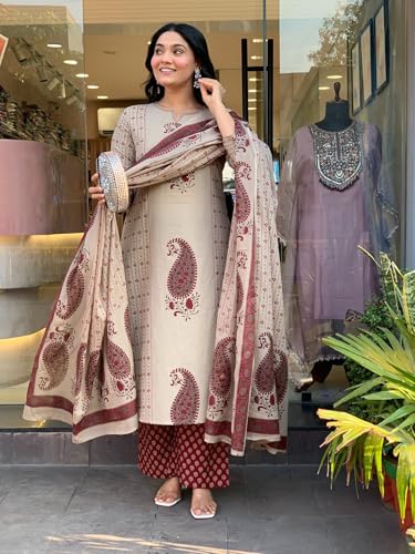Image of GoSriKi Kurta Sets for Women Cotton Blend Printed | Kurti Set for Woman | Kurta Pant Dupatta Set | A Line Kurti | Round Neck V-Slit 3 /4 Sleeve Suit Set for Women Stylish Ethnic Outfit