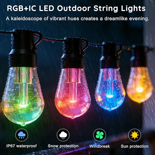 Image of 300FT RGB+IC Outdoor String Lights, Dimmable Shatterproof LED Bulbs, IP67 Waterproof DreamColor Chasing Lights, Multicolor Dynamic Lighting for Patio Balcony Garden & Outdoor Living Area Decoration