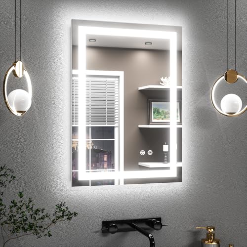 TETOTE 50x70cm Bathroom Mirror with Led Lights, Antifog Wall Vanity Mirror with Lights Back and Front Lit, 3 Colour Dimmable Illuminated Bathroom Rectangle Digital Smart Mirrors