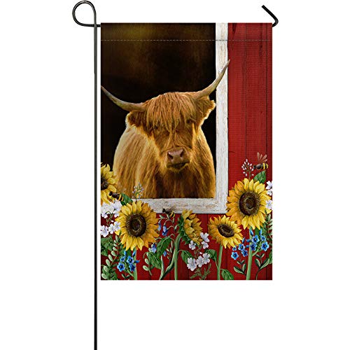 Highland Cow Cattle Sunflower Holiday Garden Flags for Outdoor Yard Porch, Weather Resistant Welcome House Flag Seasonal Home Decoration Farm Wooden Barn