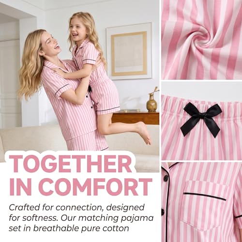LANKMEI 100% Cotton Womens Short Sleeve Pajama Sets, Pink Stripes, X-Large - image 7