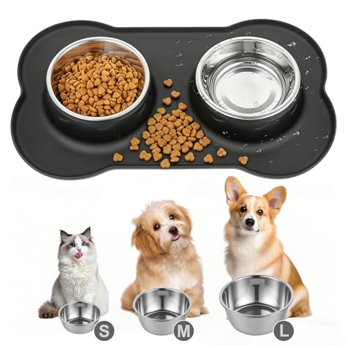 Futternapf Hunde Katzen, Fressnapf Hundenapf Kleine Hunde Napfset, Edelstahl Katzenapf Wassernapf Hund mit Nicht Kleckern, mit 1 Hundenapf Unterlage Rutschfest Silikon Tablett Matte( S 36 x 21 cm)