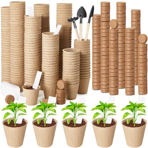 Layhit 300 Pcs Seed Starter Plant Pots Kit, Compressed Coir Fiber Potting Soil, 2.36 Inch Nursery Pots, Small Seed Starting Starter Tray Bulk, Garden Germination Container Set with Planting Labels
