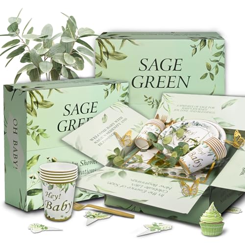 Image of Sage Green Neutral Baby Shower All In One Set - 4 Balloon Boxes, 12 Tableware Sets with Disposable Plates, inchOH BABY inch Balloons, Tablecloth & Cake Toppers