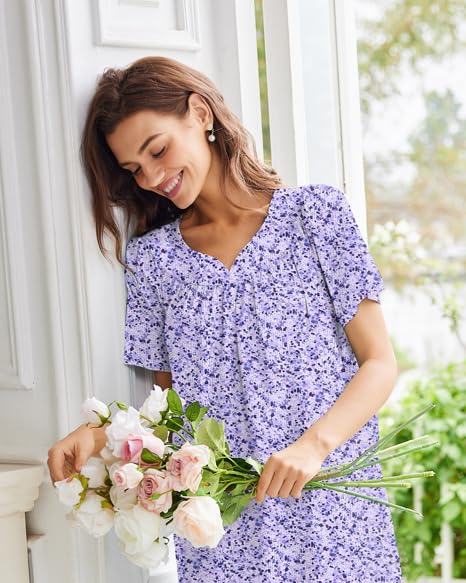 Image of Ekouaer Moo Moos for Women House Dress With Pockets Cotton Nightgowns Short Sleeve Night gowns Embroidered Mumu Dress