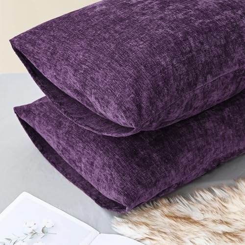 Image of CaliTime Pack of 2 Cozy Standard Pillow Shams Cases for Bed Bedding Decoration Solid Dyed Soft Chenille 20 X 26 Inches Plum Purple