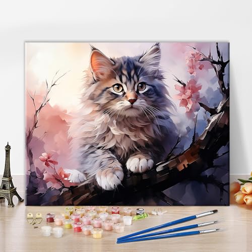 TISHIRON Adorable Chat Peinture par Numéros pour Adultes - Kit d'Huile Acrylique avec Pinceau sur...