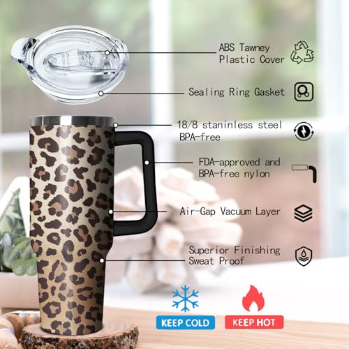Ceovfoi Becher mit Griff, Leopardenmuster, Reisebecher, Wasserflasche, Dekoration, Geschenke für Frauen, 1,2 l