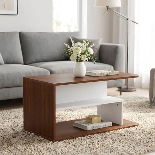 Image of Nilkamal Sara Wooden Center Table | Coffee Table with 1 Surface Top and Open Mid-Shelf | Engineered Wood | Tea Table for Home, Living Room, Office | Classic Walnut and White | DIY(Do It Yourself)