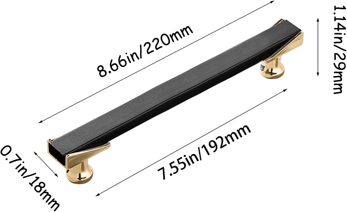 2 Pack Matte Black and Gold Cabinet Pulls Kitchen Cabinet Handles Modern Dresser Drawer Knobs for Bathroom Bedroom Closet Zinc Alloy Furniture Pulls (Overall Length 8.66in/220mm)