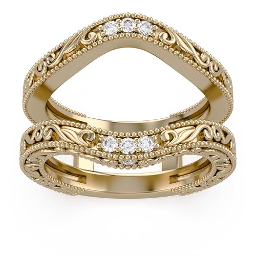 AFFY Enhancer Guard Ring for Women Round Cubic Zirconia Filigree Vintage Wedding Band Stackable Ring in 14k Gold Plated Sterling Silver Gifts for Women, N, Sterling Silver Yellow Gold, Cubic Zirconia