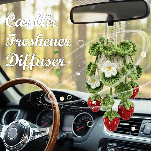 Image of Crochet Car Air Freshener Hanging, Cute Hanging Plant for Cars, Crochet Strawberry Plant with 10ml Empty Refillable Oil Diffuser Bottle, Handmade Boho Car Ornament Charms for Rear View Mirror, Red