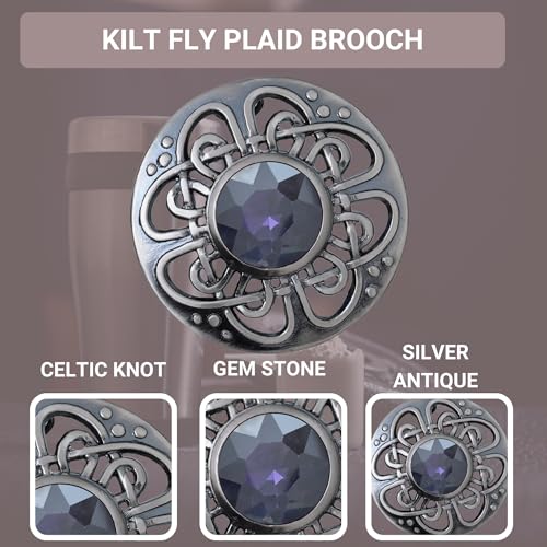 Image of Elegant Culloden Plaid Brooch - Scottish Kilt Fly Plaid Brooch Intricate Celtic Knot in Pewter with Gemstone 3-Inch Diameter - Ideal for Scottish Kilts & Formal Wear