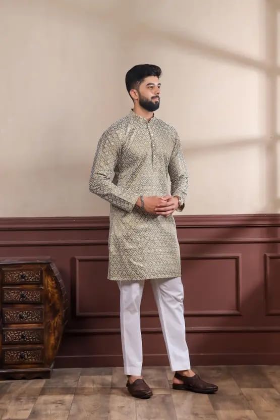 Image of LookMark Men's Printed Silk Blend Kurta with Mandarin Collar, Full Sleeves, Straight Fit Traditional Ethnic Wear