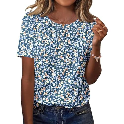 Kistore Womens Casual Crew Neck Short Sleeve Pleated Tops Blouses Fashion Clothes 2026 A2 Floral Blue Purple Medium