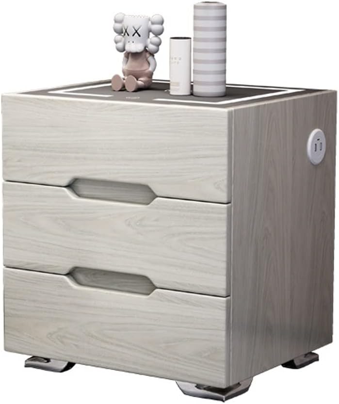 Table Chevet Intelligente avec Chargeur Meuble 3 Tiroirs Multifonction Capteur Main LED Rechargeable