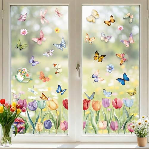 9 Sheets Spring Window Clings Decor, Flower Butterfly Window Stickers, Tulip Floral Decals for Summer, Easter, Spring Decorations for Home, Office, Classroom