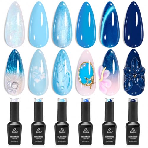 Image of Beetles Blue Gel Nail Polish Set - Sunken Blue 6 Color Sky Navy Cobalt Cat Eye Gel Polish, Summer Shimmer Manicure Soak Off UV Nail Art Salon DIY at Home Gift for Women