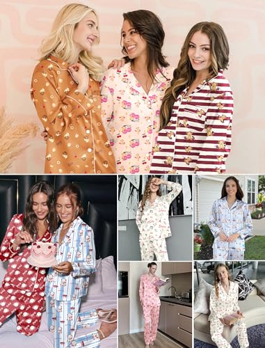 Ekouaer Silk Satin Pajamas for Women Teddy Bear Pjs Set Button Down Long Sleeve Loungewear Cute Sleepwear S-XXL2