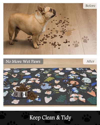 Image of Pet Feeding Mat-Absorbent Dog Mat for Food and Water Bowl-No Stains Quick Dry Water Dispenser Mat-Dog Accessories Pet Supplies-Bowl for Messy Drinkers（DARKFLOWERS,12 inchx19 inch