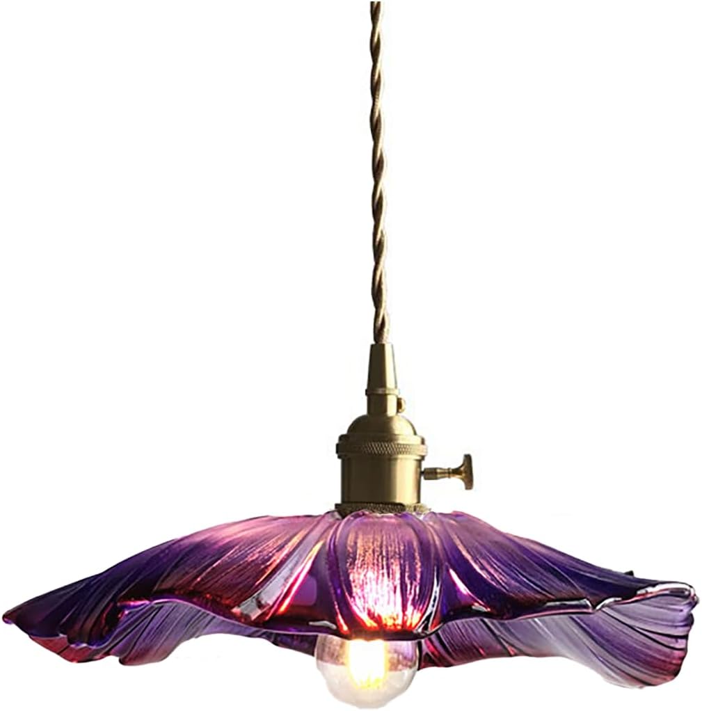 Retro Vintage Farmhouse Purple Glass Round Pendant Light Fixtures with Gold Brass Switch Pendant Hanging Lamp for Kitchen Island(Purple)